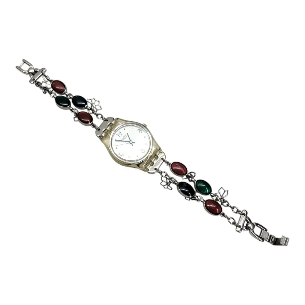 Swatch 2009 Lady Charm Bracelet Watch Swiss Quartz Multicolor Stone Dainty